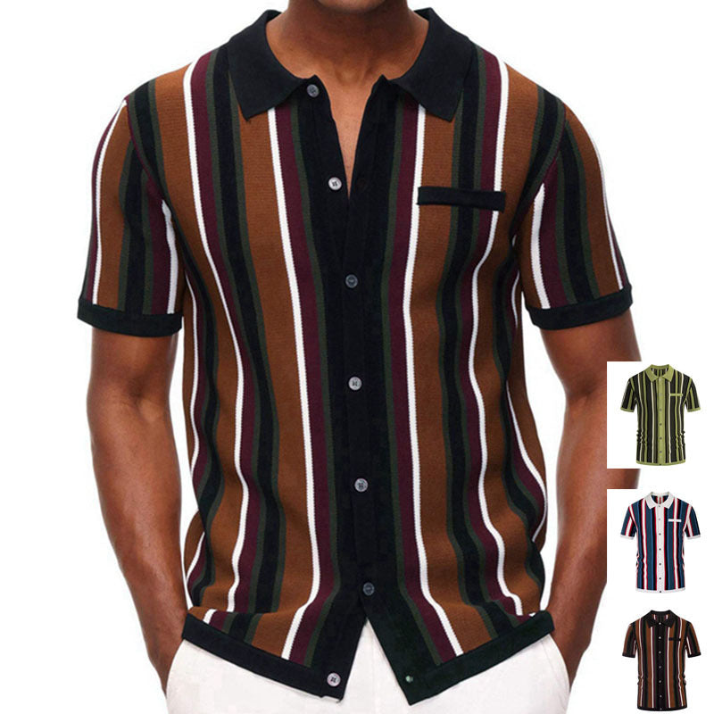 T-shirt décontracté en tricot à manches courtes et col polo rayé