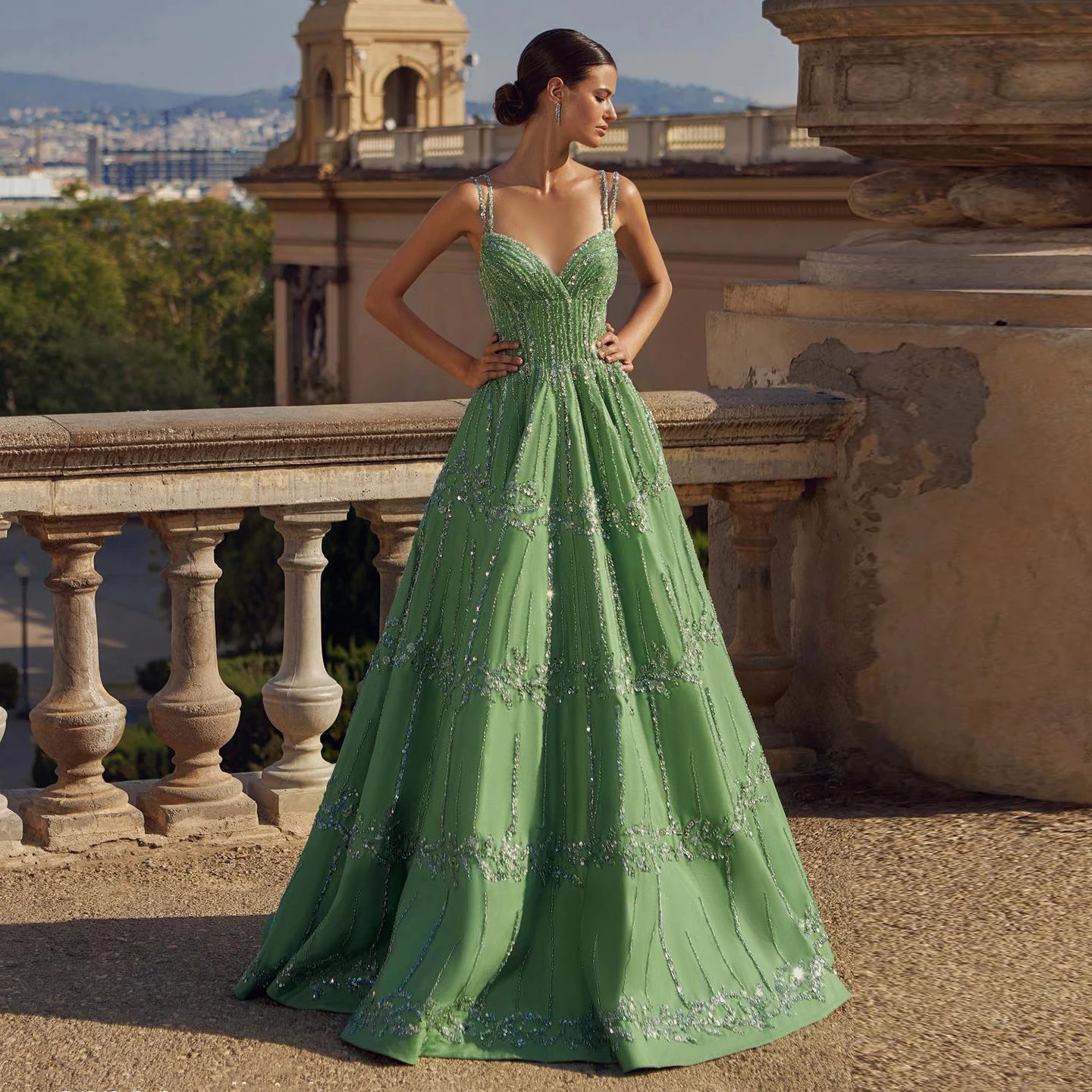Sharon Said Luxury Beaded Green Spaghetti Arabia Elegant Evening dress for 2025 Dubai Women Wedding Party Gown SS225 Customized - IFINDALL