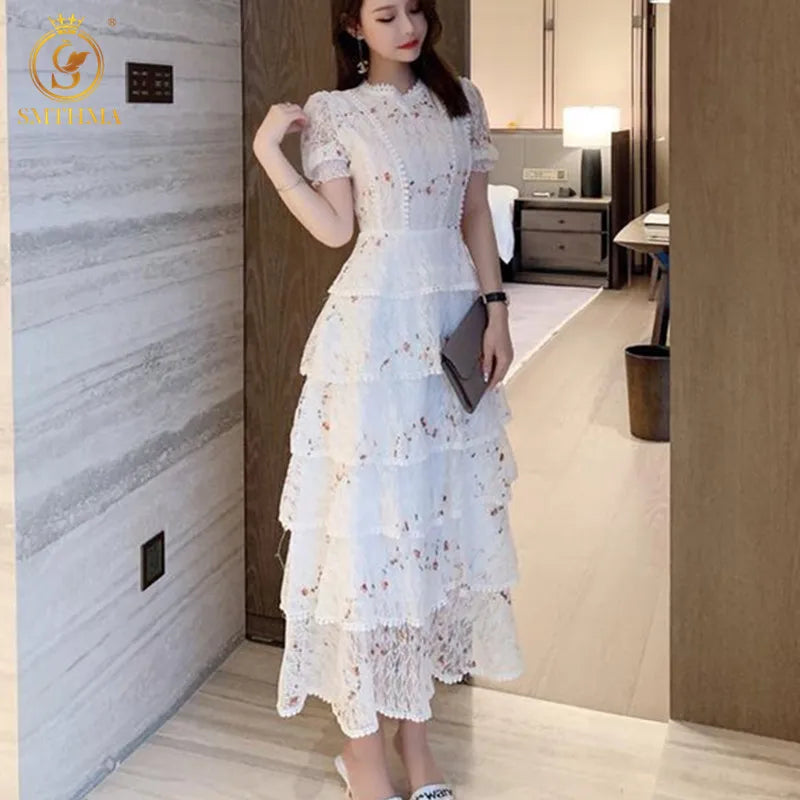 SMTHMA New Fashion Lace Hollow Out Summer Dress For Woman Embroidery Layered Cake Elegant Vintage Long Dresses Female Clothing