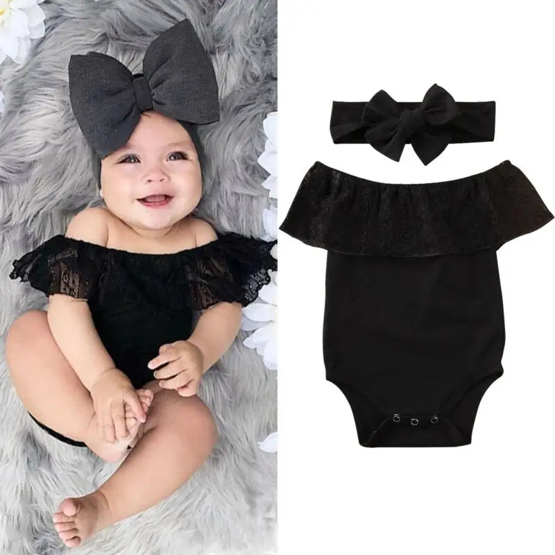 0-24months Baby Girls Bodysuits Set Lace Clothes Off Shoulder Rompers For Infant Girls Solid Black Baby Girls Summer Playsuits