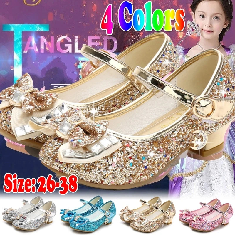 Chaussures princesse en cuir pour filles, motif floral, décontractées, à paillettes, à talons hauts, motif papillon, bleu, rose, argent