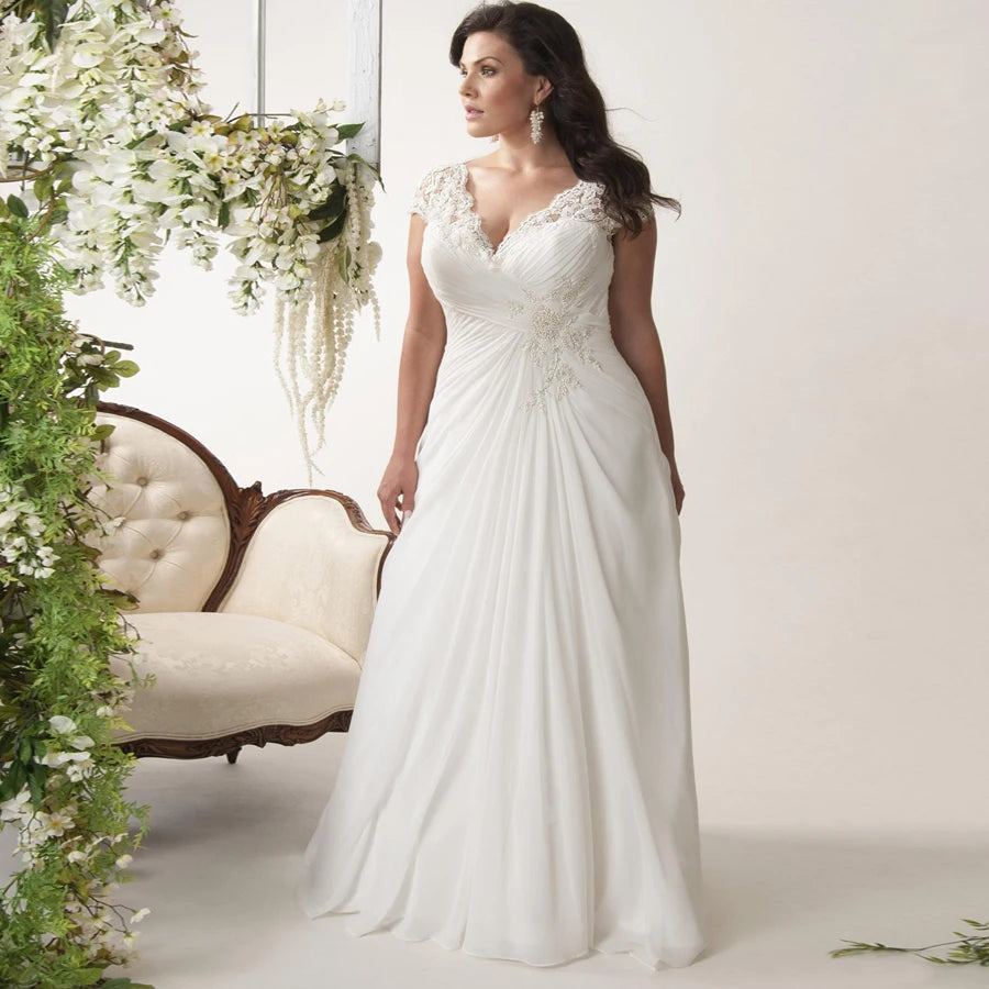 Jiayigong Cheap Plus Size Wedding Dresses Stock Customized Cap Sleeve V-neck Lace Applique Chiffon Beach Dress Vestido De Novia - IFINDALL