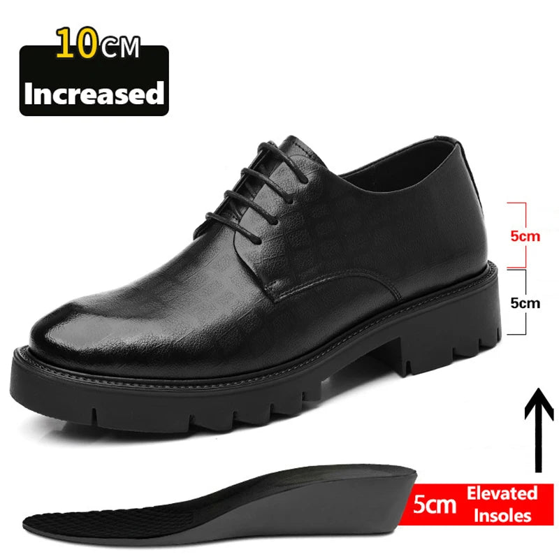 New Luxury Men's Brogues Leather Elevator Shoes Man Height Increase Insole 8cm/10cm Black Formal Business Wedding Work Men Shoes - IFINDALL