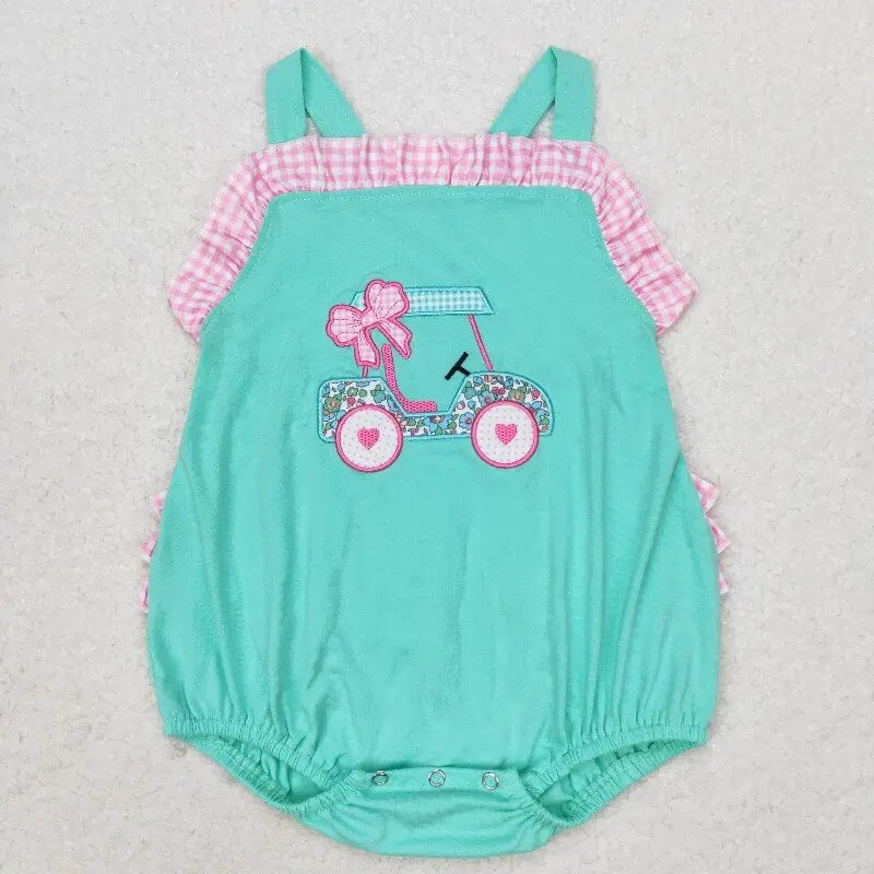 New rts baby girls spring rompers wholesale boutique embroidered golf pattern girls blue romper