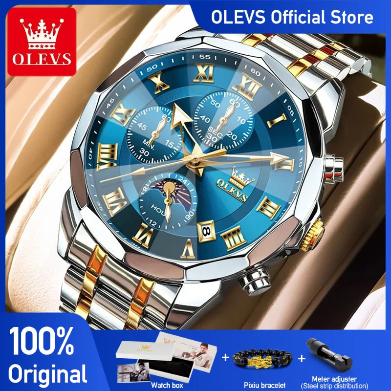 OLEVS 3675 Mens Watch Original Multifunctional Chronograph Quartz Watch Moon Phase Watches For Men Waterproof Mens Gifts Reloj - IFINDALL