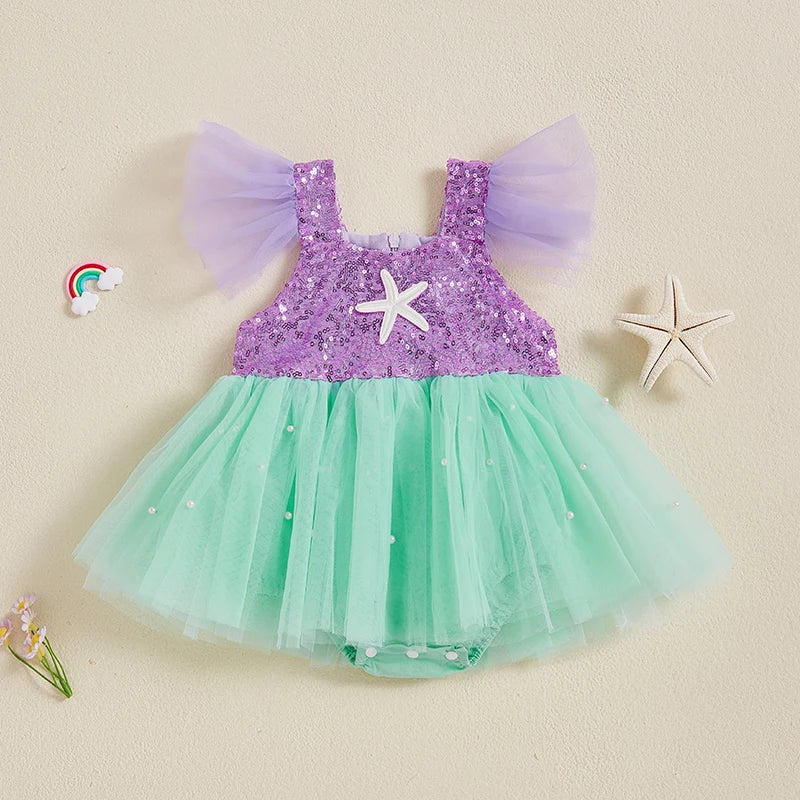 0-24M Summer Newborn Infant Baby Girls Romper Dress Tulle Flying Sleeve Lace Sequin Pearl Princess Jumpsuits Baby Clothes