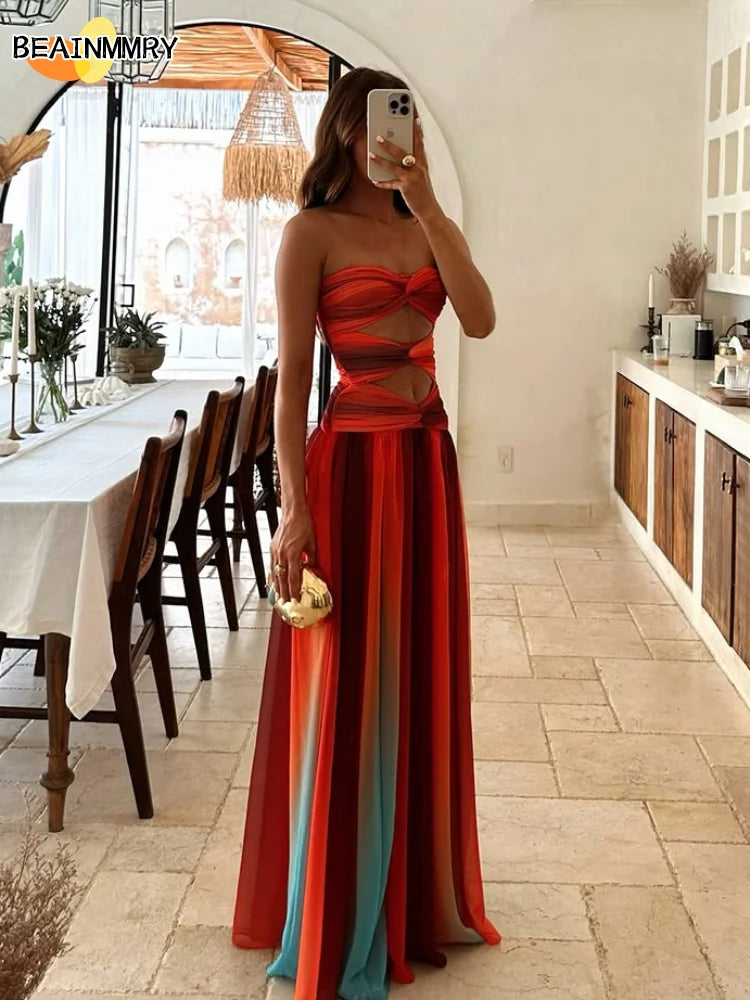 2025 Women Tie-dye Gradient Slim Fit Off Waist Long Dress Sexy Contrast Hollow Out Pleated Hem Robe Chic Lady Party Holiday Wear - IFINDALL