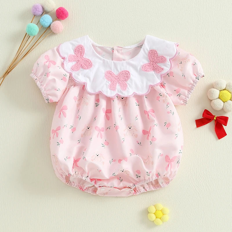 Summer Infant Baby Girls Romper Doll Collar Short Sleeve Embroidered Bowknot Baby Playsuit Jumpsuit Fashion Newborn Clothes