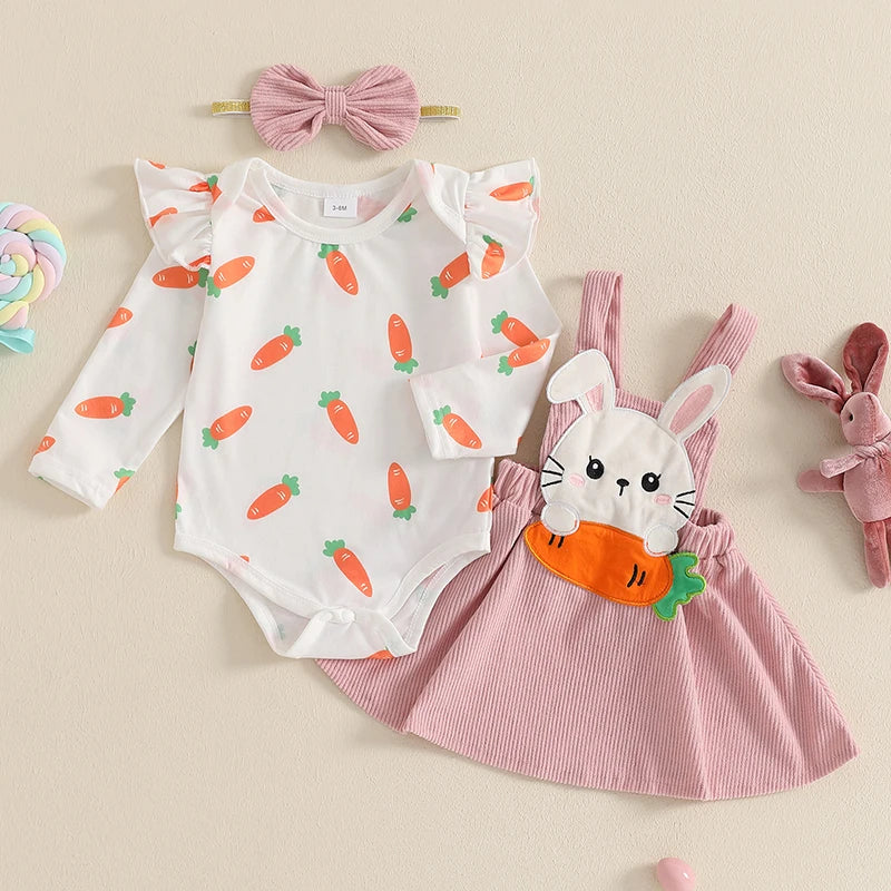 FOCUSNORM 0-18M Lovely Baby Girls Easter Clothes Sets 3pcs Long Sleeve Carrot Romper Bunny Embroidery Suspender Dress Headband