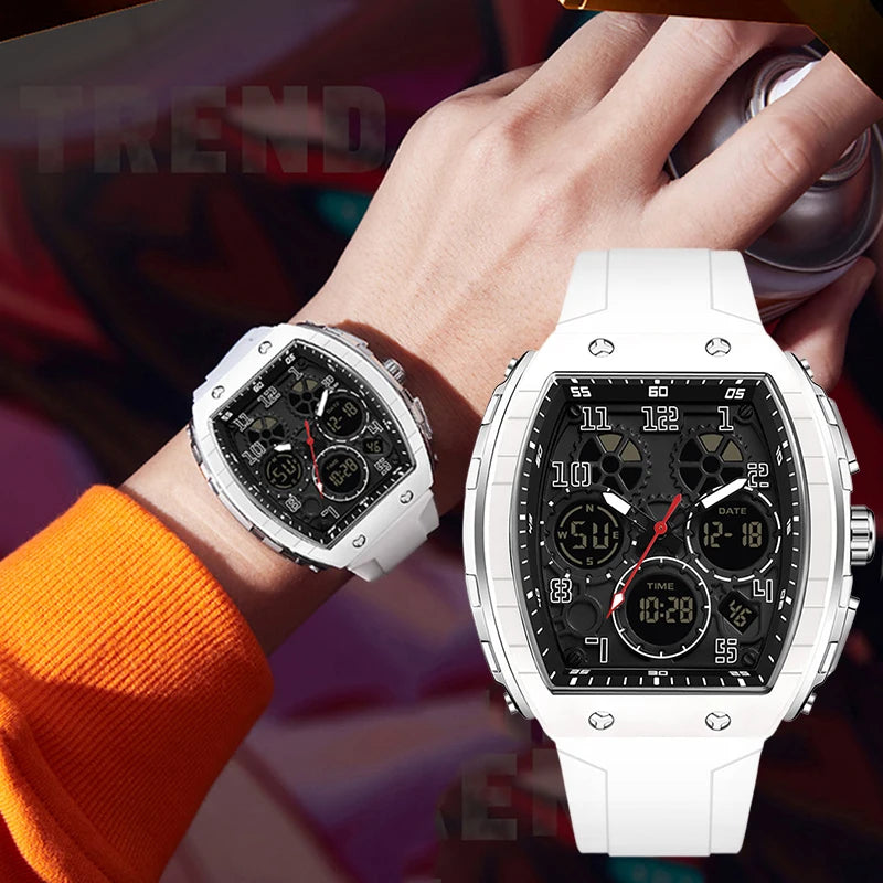 Men Sports Digital Wrist Watches For Male Clock Dual Display Man Tonneau Watches Chronograph Luminous Silicone Band Dropship - IFINDALL