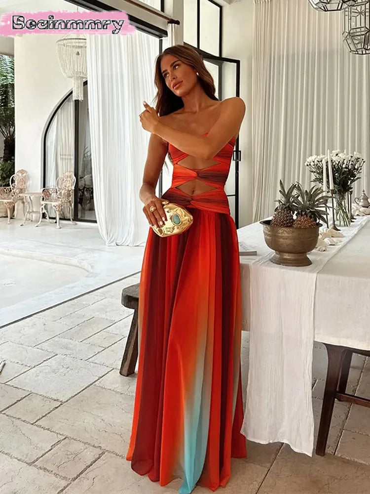 Printed Color Collision Women Maxi Dress Chest Wrapped Cut Out Strapless Backless High Waist Pleated Robe 2025 Summer Lady Robes - IFINDALL