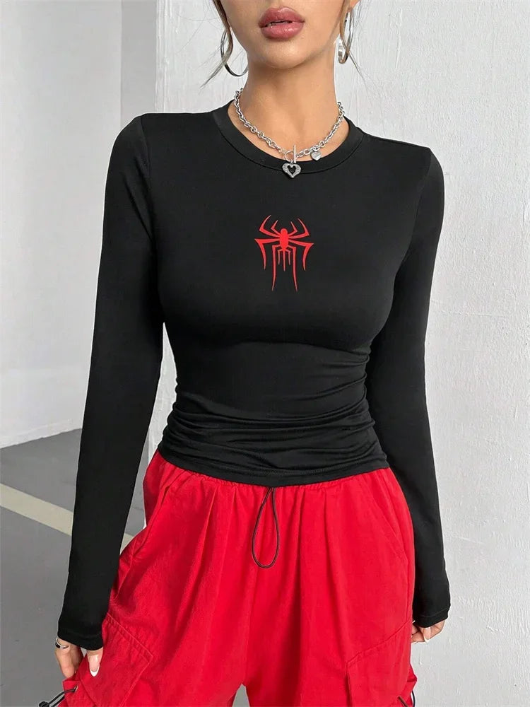 Spider Print Round Neck Long Sleeve Crop Tee Top for Women Autumn Winter Spring Y2K Clothes Slim Fit T-shirt Tshirt Streetwear - IFINDALL