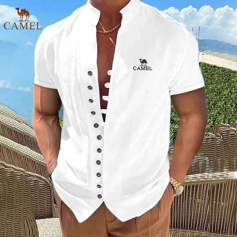 CAMEL Embroidered Vintage 100% Cotton Linen Polo Shirt High End Summer Men's Fashion Trend Casual Sports Short Sleeved Shirt