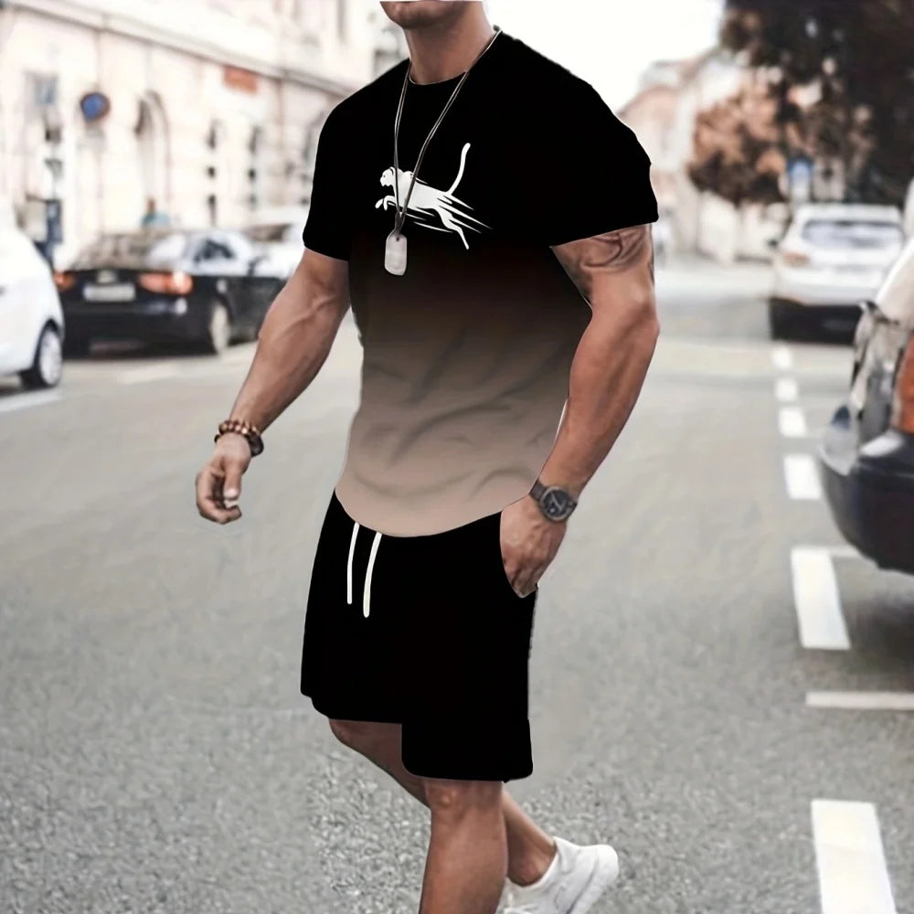 New Summer Vacation Leisure Daily 3D Men's Sports Wear Large Round Neck Short sleeved T-shirt Shorts Set Casual Street Clothing