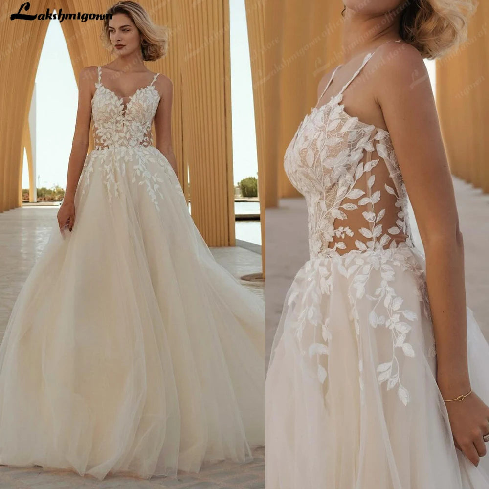 Lakshmigown Spaghetti Straps Champagne Wedding Dresses 2025 A-Line Lace Appliques Sweep Train Vestidos De Novia Customized