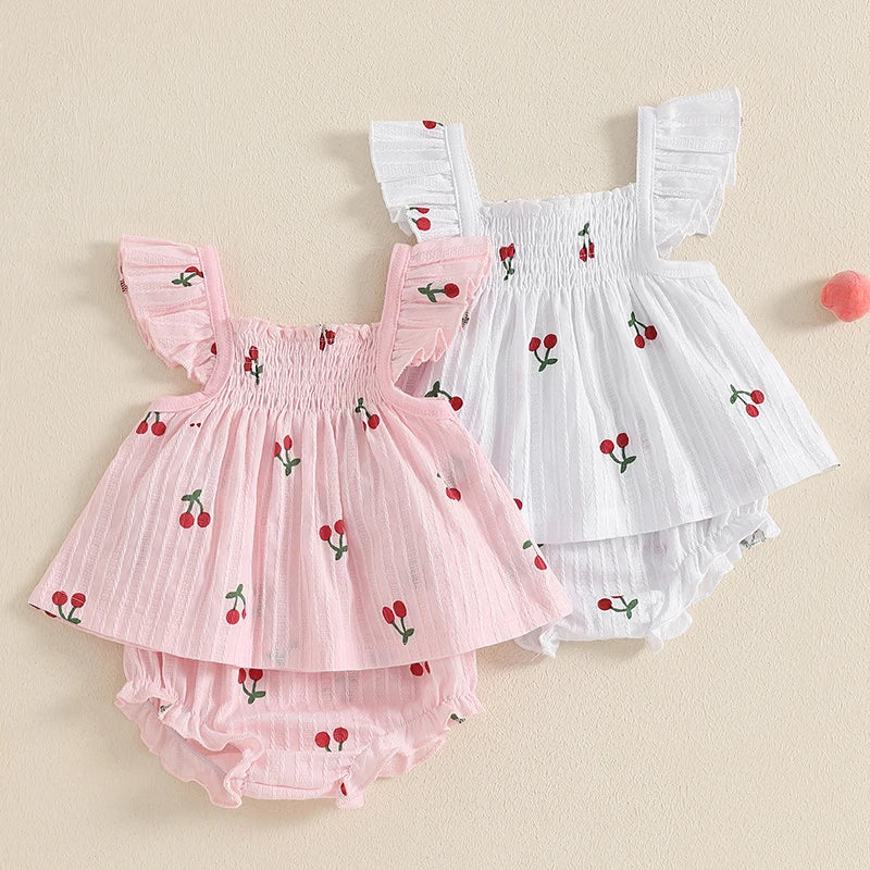 Newborn Baby Girl Clothes Set Cherry Print Smocked Fly Sleeve Babydoll Tops Elastic Waist Ruffle Shorts 2 Piece Summer Outfit