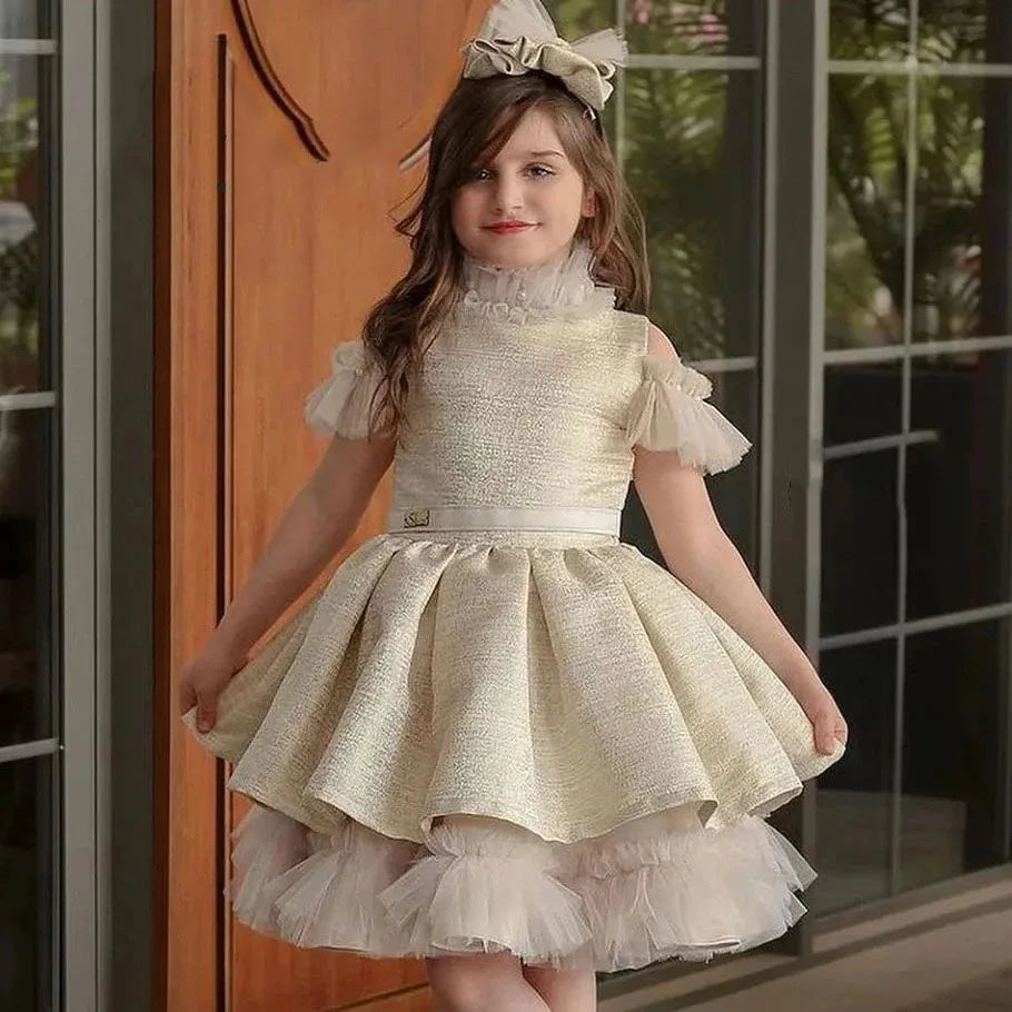 Jolies robes de demoiselle d'honneur pour mariage, col haut, volants, longueur genou, première communion, fête d'anniversaire pour enfants