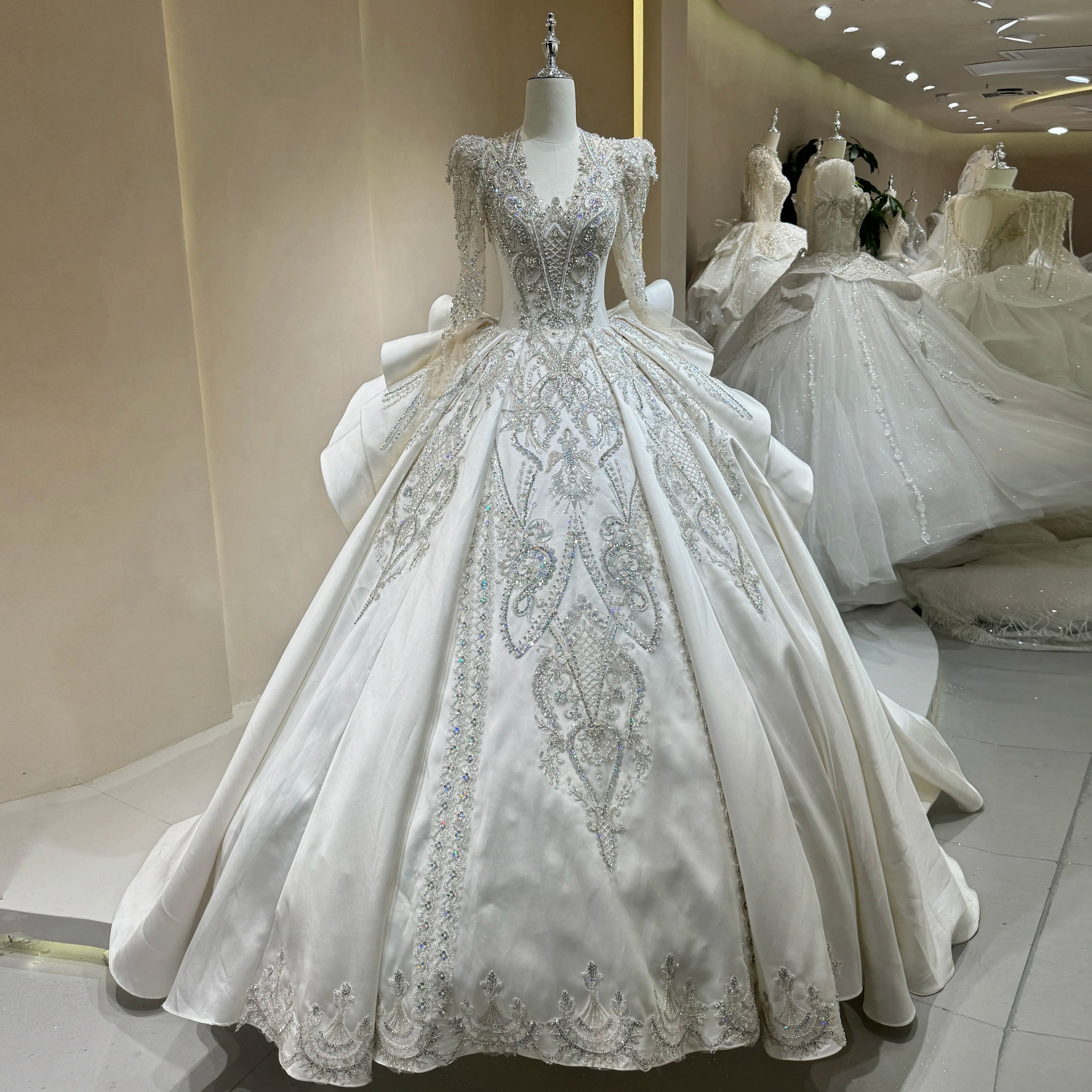 Luxurious Wedding Gown For Women Quality Satin with Exquisite Beading and Long Train Elegant Design for Brides Customized