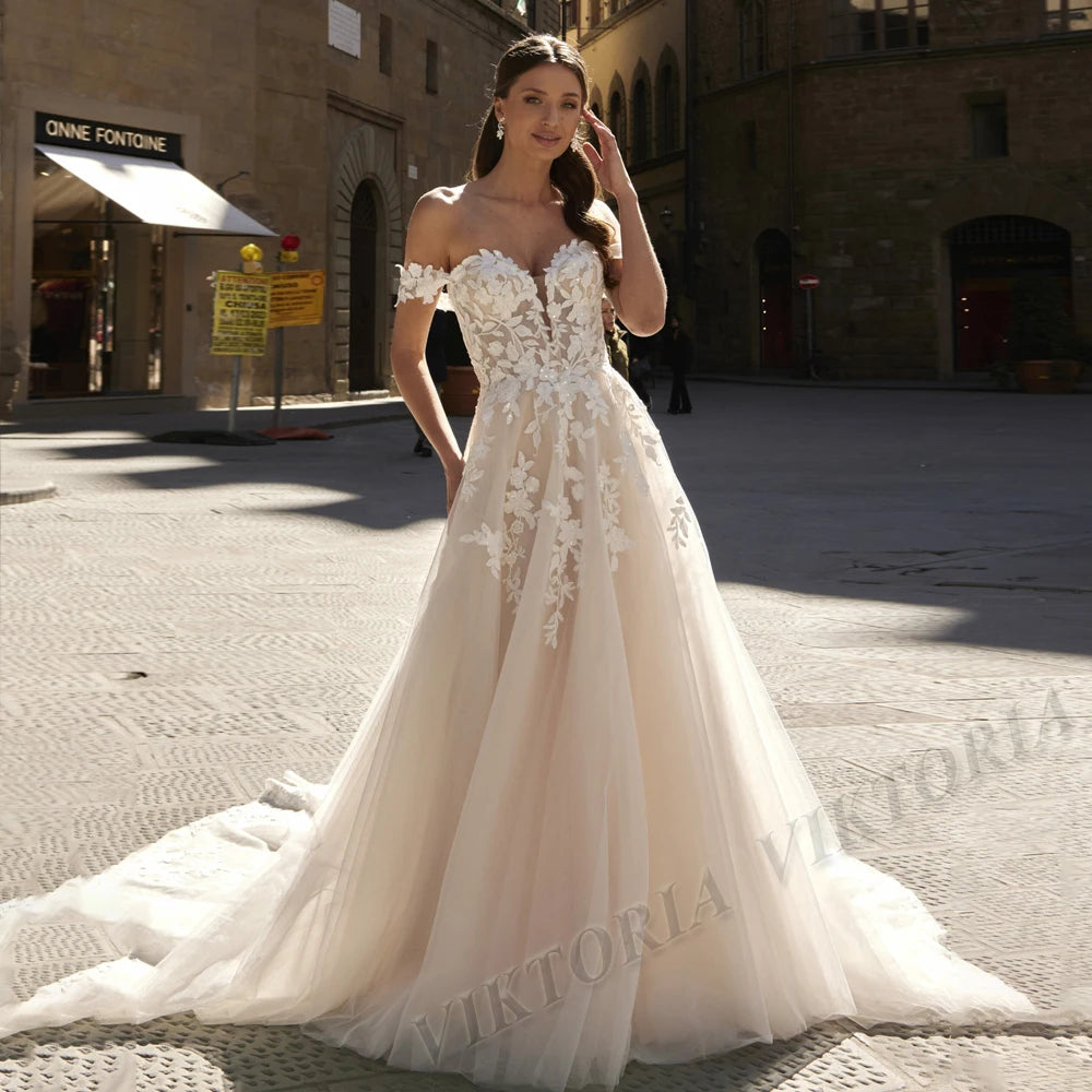 VIKTORIA Classic Sweetheart Wedding Dresses for Woman Bridal A-LINE Appliques Off the Shoulder Pleat Court Train Customized