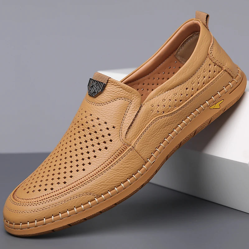Men Casual Summer Footwear Breathable Mens Leisure Walk Loafers Genuine Leather Moccasins Hollow Out Slip on Male Driving Shoes - IFINDALL
