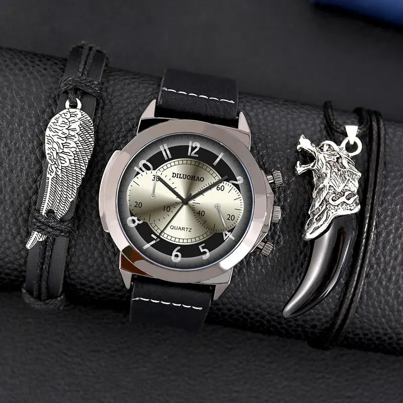 3PCS Set Fashion Mens Bracelet Necklace Watches Men Business Quartz Wrist Watch Classic Male Casual Leather Watch Reloj Hombre - IFINDALL
