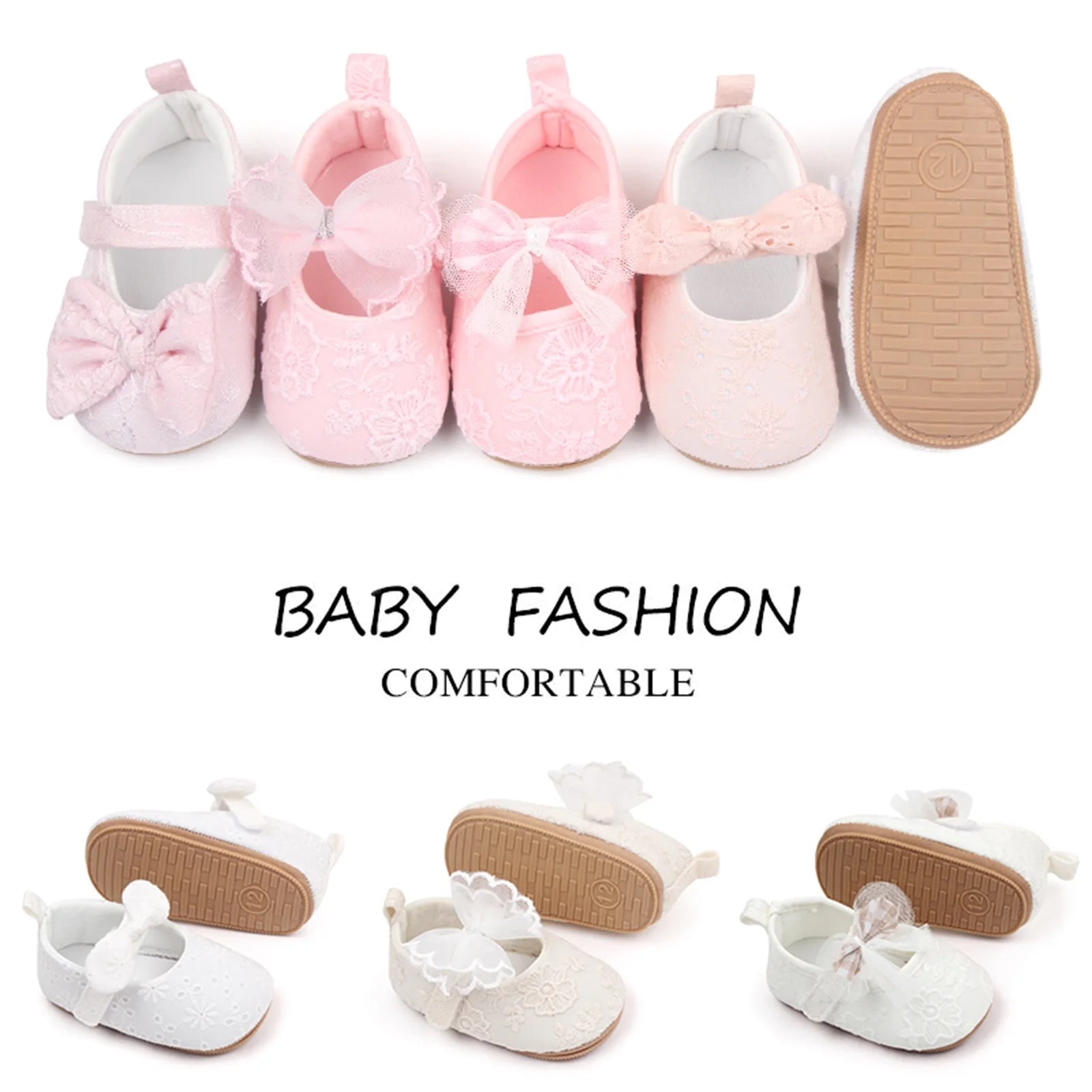 Baby Girls Princess Shoes Soft Bow Lace Flower Non-slip Rubber Soft-Sole Flat Bottom First Walker Shoes Toddler Crib Shoes