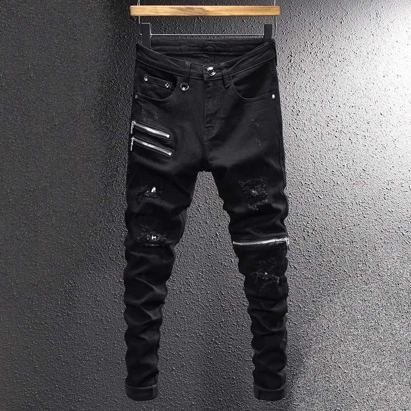 Streetwear Fashion Men Jeans Black Elastic Slim Fit Destroyed Ripped Jeans Men Zipper Designer Hip Hop Stretch Denim Punk Pants