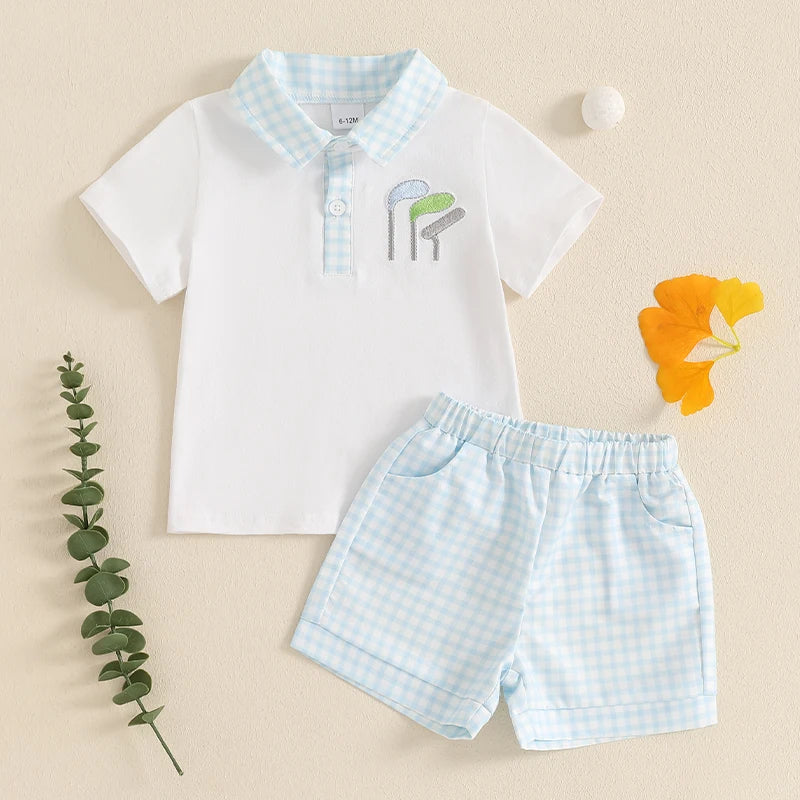 Kids Baby Boy Summer 2 Piece Sets Golf Club Embroidery Short Sleeve Half Button-up Tops Plaid Shorts Toddlers Casual Outfits