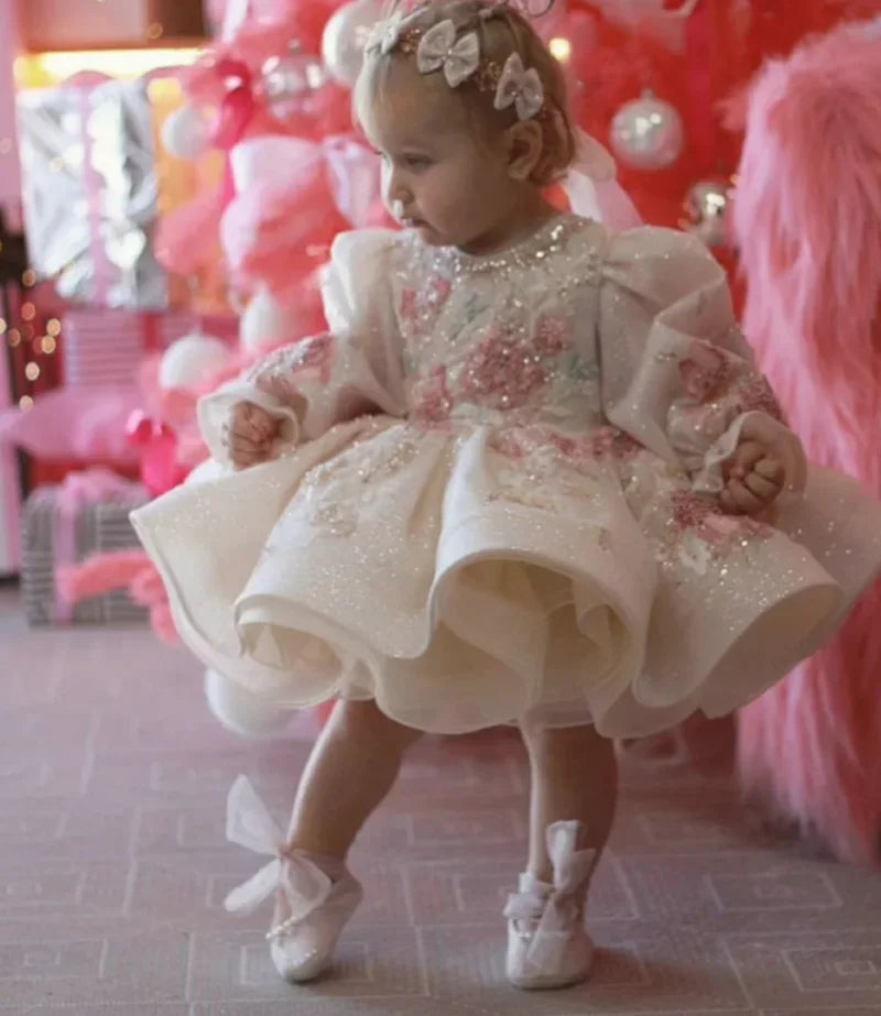 Customized Ivory Sparkling Infant Toddler First Birthday Dress O Neck Tutu Outfit Long Puff Sleeve Tulle Gown with Huge Big Bow