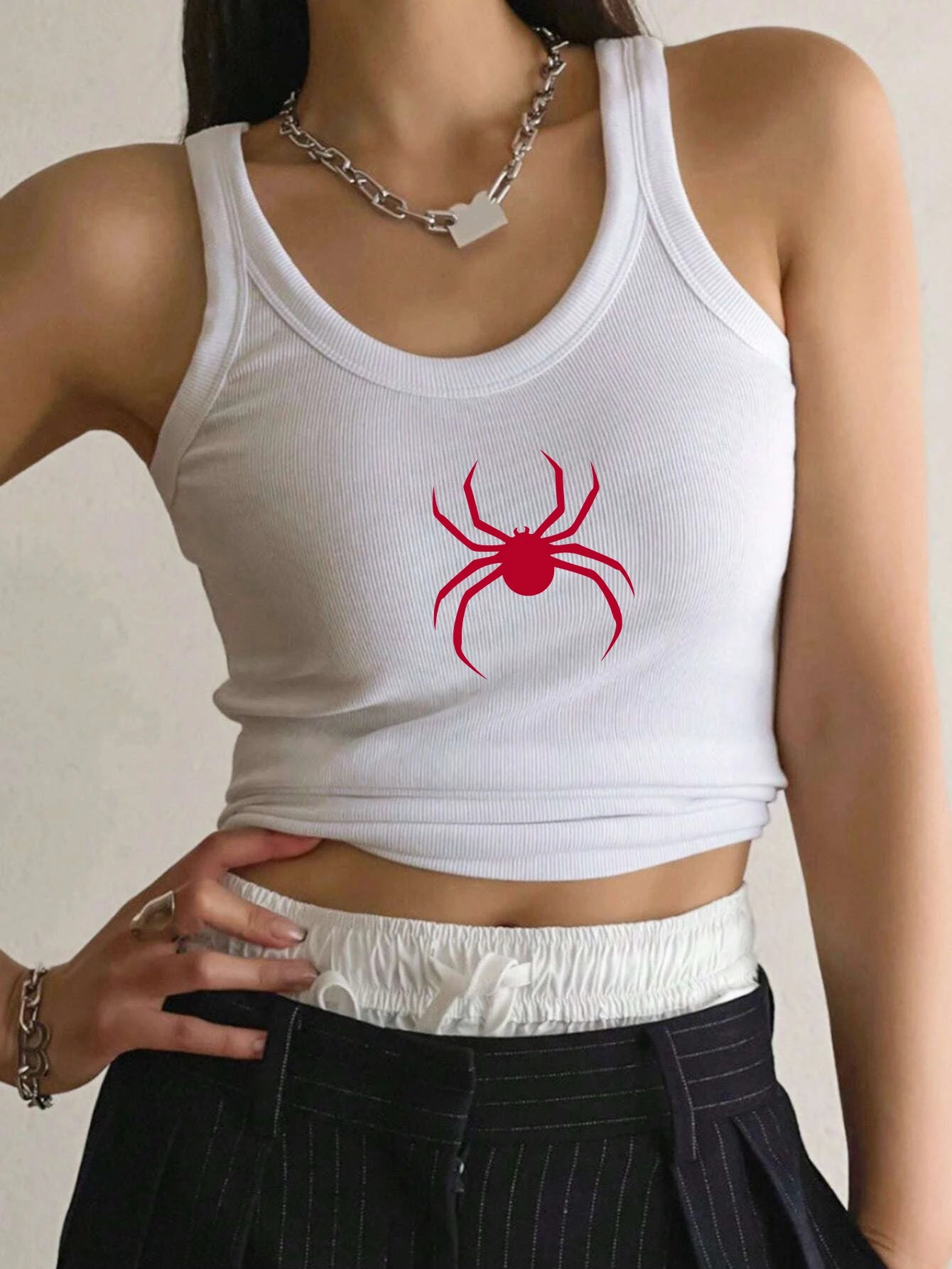 Spider Printing Tank Top Summer Womens Sleeveless Tight Ribbed Female Cotton Knit Vest Straps Casual Street Fashion Clothing