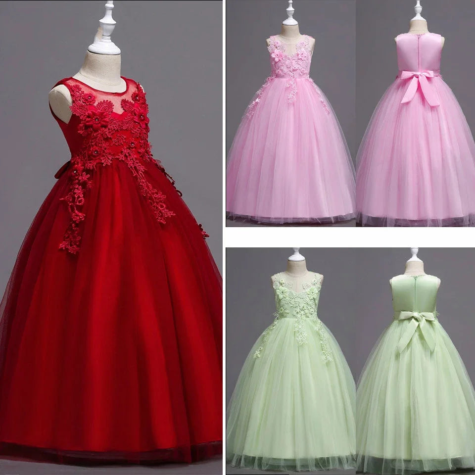 Beautiful Long Flower Girl Dress For Girls Elegant Burgundy Pink Green White Kids Wedding Party Gowns Long Communion Dresses - IFINDALL