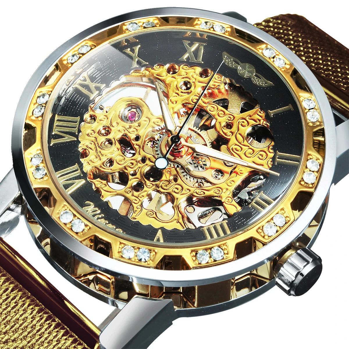 WINNER Roman Mechanical Watches for Men Fashion Gold Skeleton Mens Watch Luxury Mesh Stainless Steel Strap Luminous Unisex Clock - IFINDALL