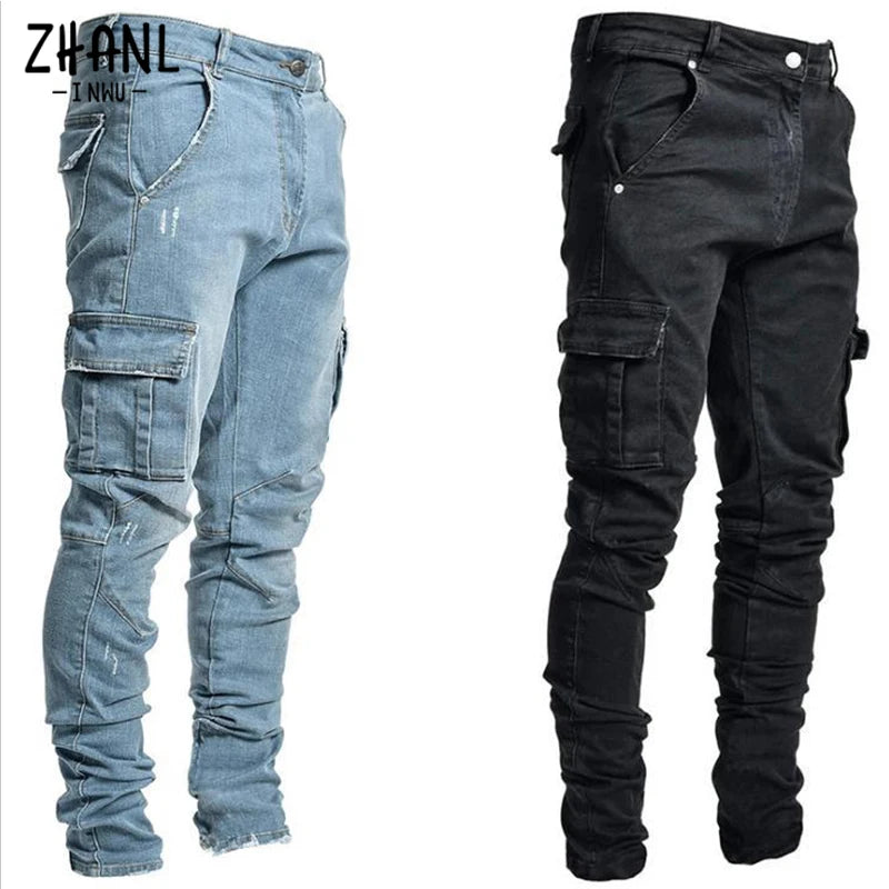 Celana Jeans Pria Jeans Pria Celana Panjang Kasual Fashion Ukuran Besar Jeans Kargo Pinggang Menengah Denim Saku Multi Warna Sol