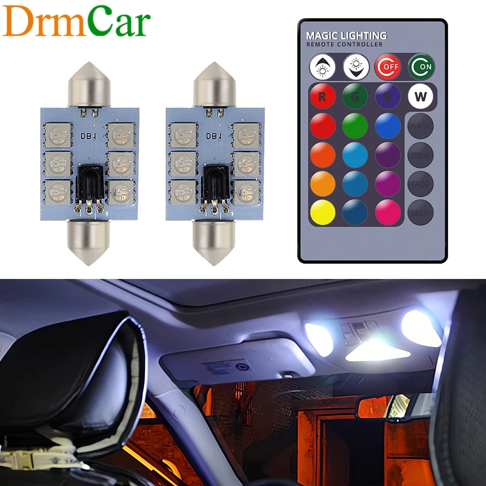 2pcs 5050 RGB 6SMD Car Led C5w C10w Interior Dome Reading Lamp Auto Remote Controller Colorful Atmosphere Light Roof Trunk Bulb - IFINDALL