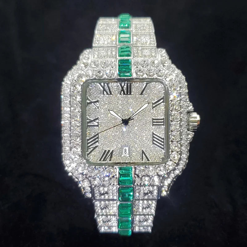 Luxury Full Diamond Watch for Men Fashion Green Iced Out Bling Square Watches Hip Hop Rap Jewelry Relogio Masculino Dropshipping - IFINDALL