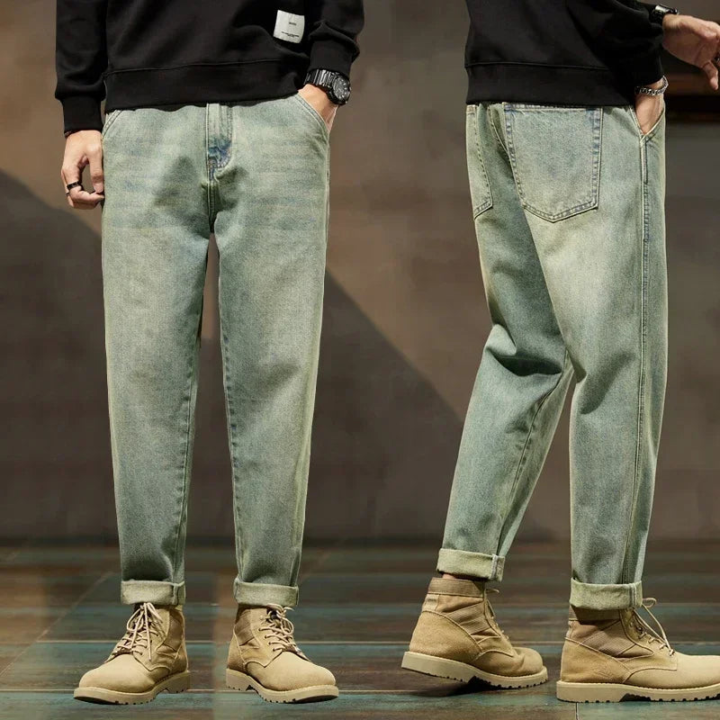 2024 Autumn and Winter New Loose and Versatile Harem Pants Retro Simple Fashion Solid Color Comfortable Versatile Jeans for Men