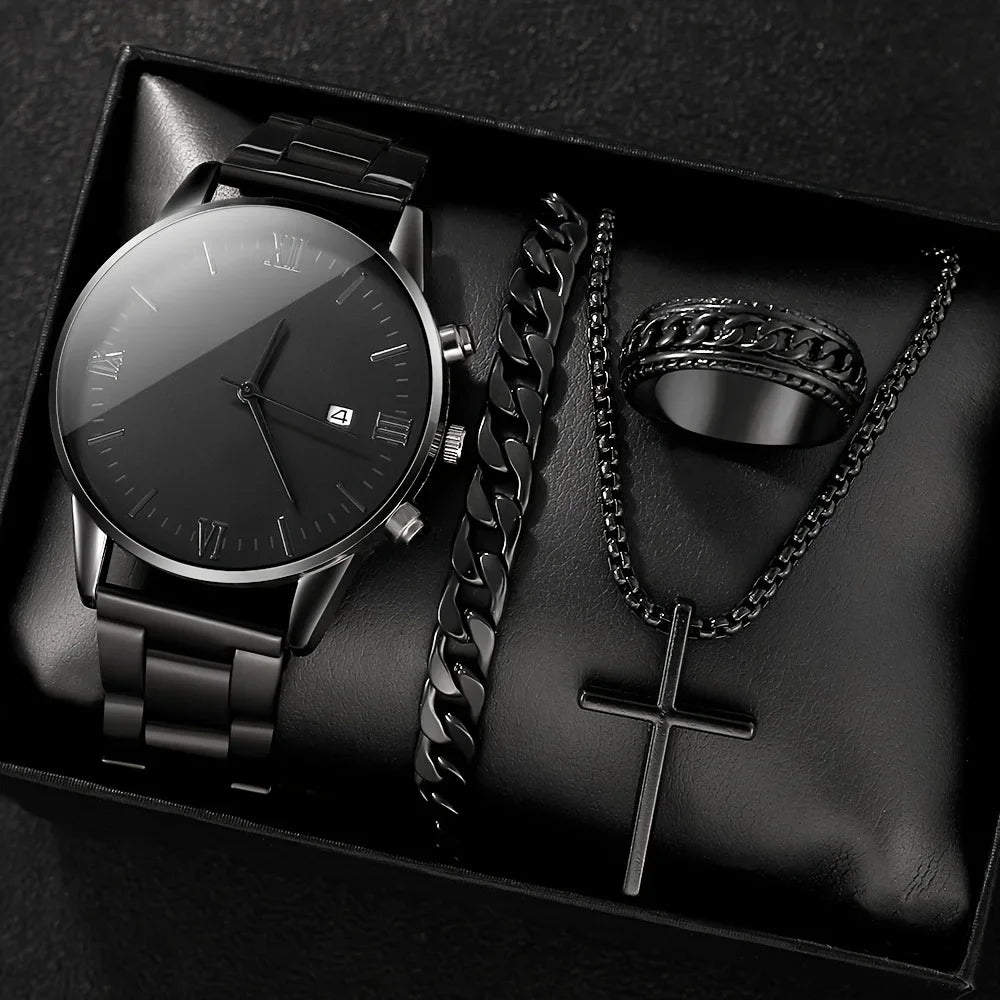 4pcs/set, Men's Simple Pointer Round Black Calendar Quartz Watch and Black Cross Pendant Necklace, Ring, Bracelet, Gift for Him - IFINDALL