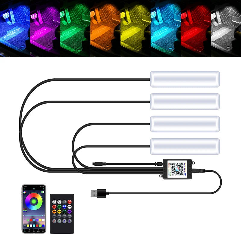 LED Car Interior Ambient Foot Strip Light Kit Accessories Backlight Remote App Music Control Auto RGB Decorative Lamp - IFINDALL