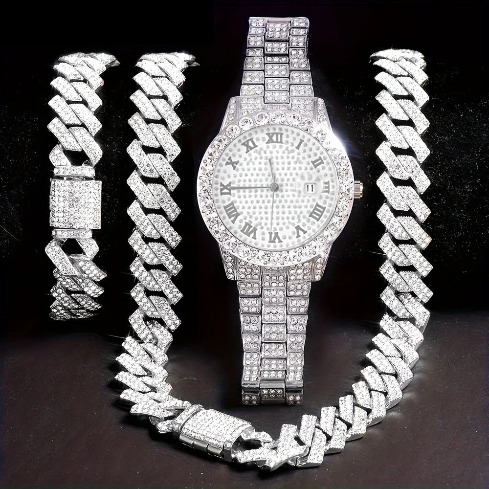 Stunning rhinestone-encrusted watch set with matching chain necklace - Round dial Quartz movement - IFINDALL