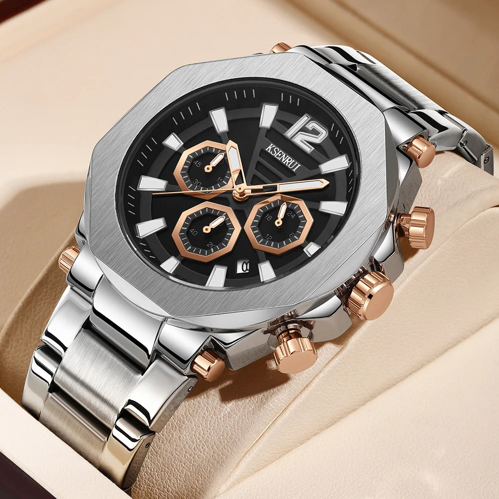 Men's luxury watch multifunctional chronograph 24 hour waterproof sports calendar steel band stylish six-hand quartz watch