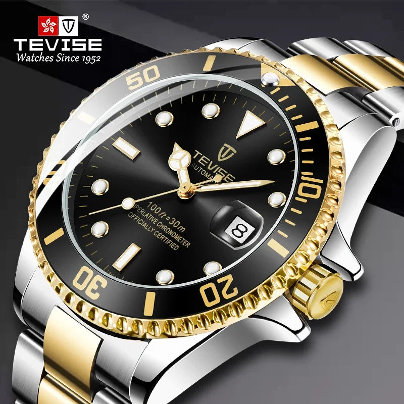 Luxury Brand Automatic Wrist Watches Tevise Stainless Steel Date Calendar Watch Diver Waterproof Military Men's Mechanical Watch - IFINDALL