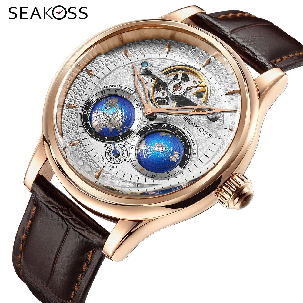 SEAKOSS Male Dual Earth Rotating Mechanical Men's Watch Automatic Movement Waterproof Clock Pilots 1963 Flywheel Wristwatches - IFINDALL