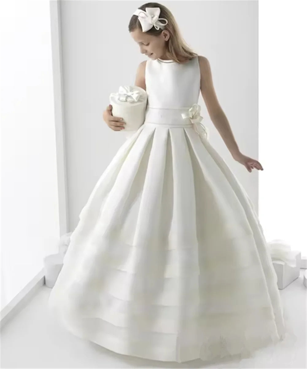 First Communion Dress For Church Flower Girl Dress Sleeveless Satin Sash Appliques Wedding Dresses Party Kids Birthday Gowns