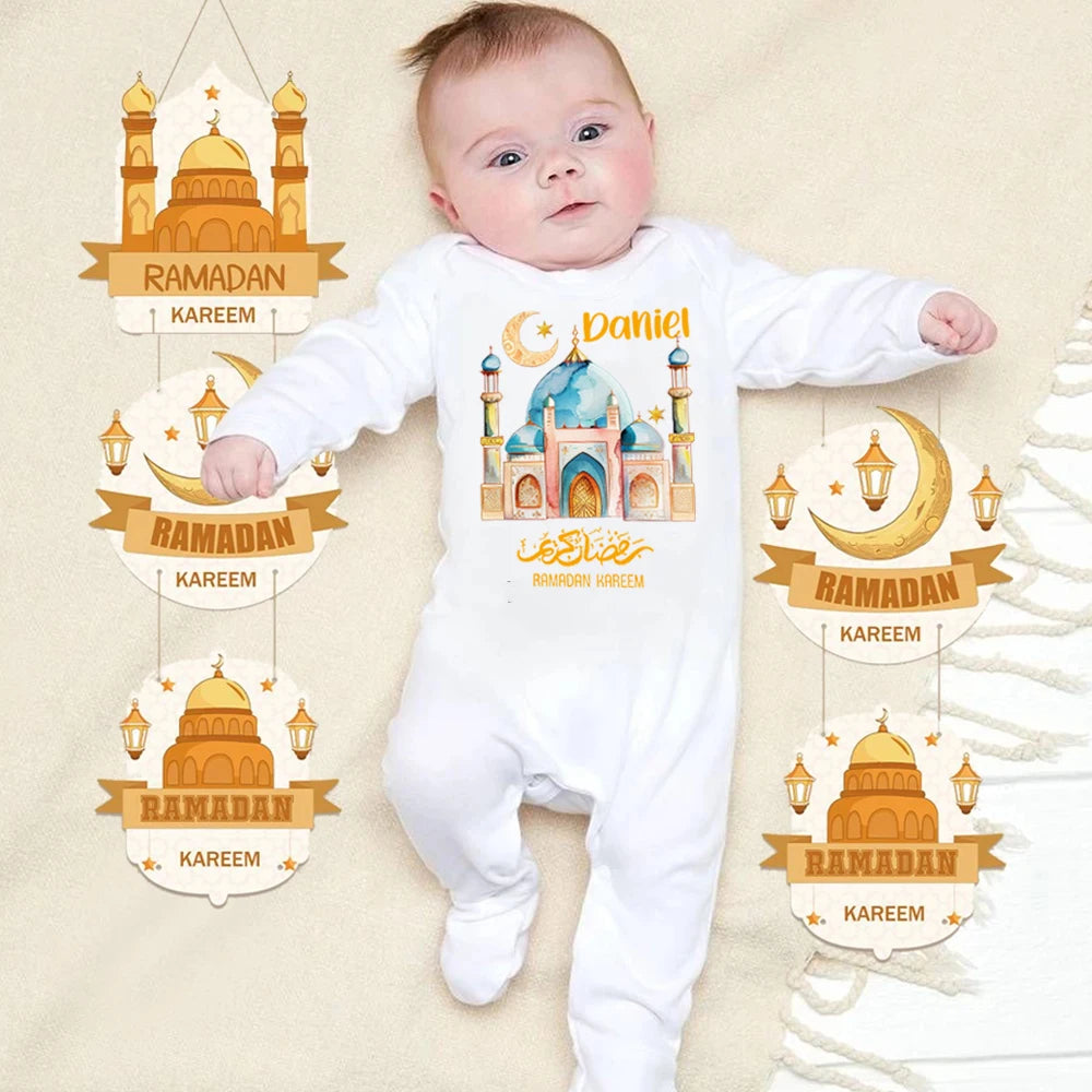 Personalised Ramadan Kareem Print Baby Sleepsuit Bodysuit Infant Long Sleeve Romper Islamic Muslim Holiday Keepsake Baby Outfit