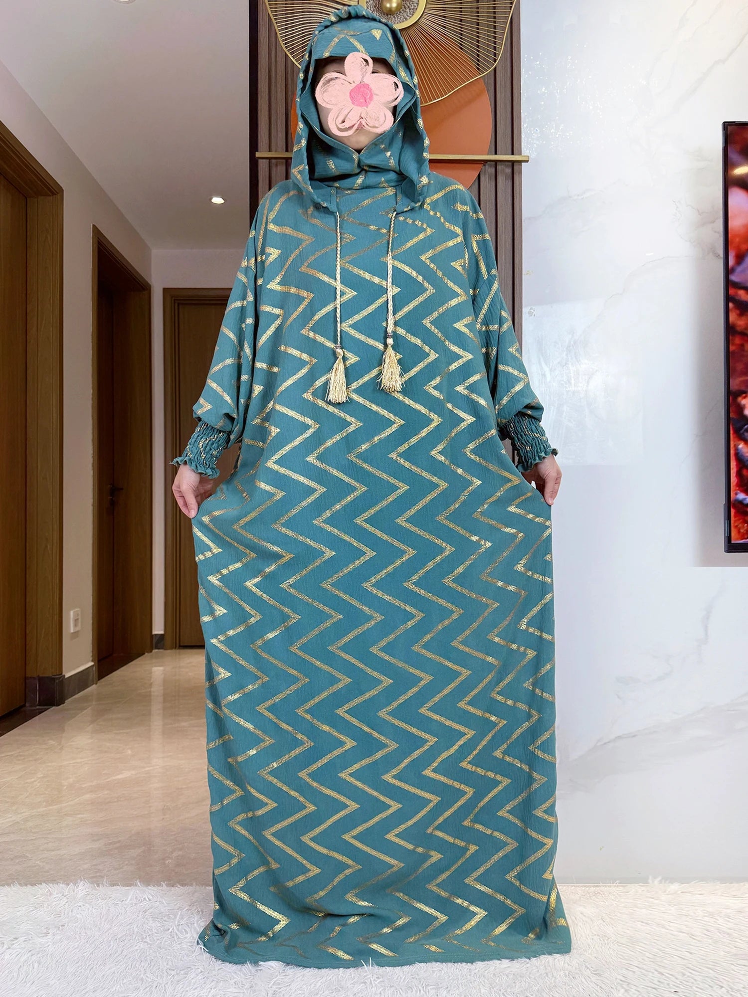 2025 New Cotton Ramadan Muslim Double hat Abaya Dubai Turkey Islam Prayer Clothes Gold Stamp Dress Islam Women Dress Kaftan