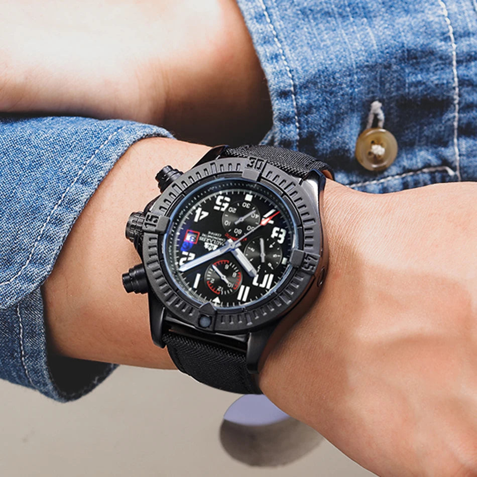 Automatic Mens Watch Self Wind Mechanical Canvas Style Genuine Black Blue Leather Multifunction Date Month Luminous Watches - IFINDALL
