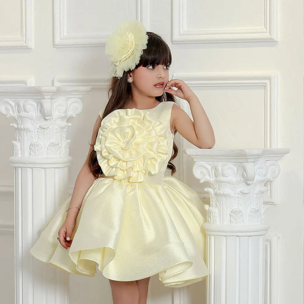 Customized Yellow Flower Girl Dress For Wedding Satin Puffy Knee Length Kids Birthday Baby Pageant First Communion Ball Gown