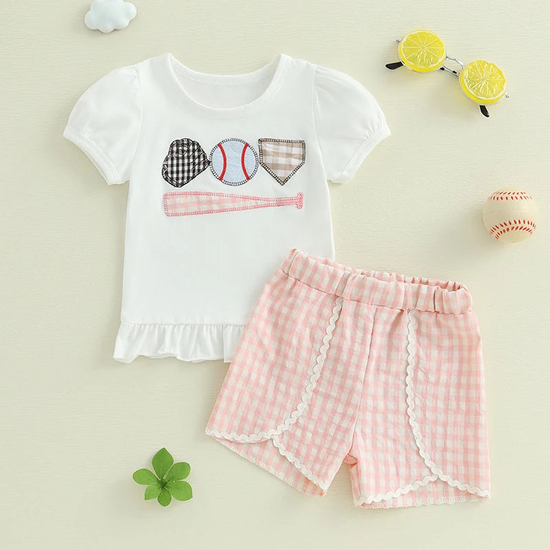 Baby Toddler Girl Clothes Set Baseball Embroidery Short Sleeve Ruffle Tops Plaid Lace Trim Shorts 2 Piece Summer Outfit