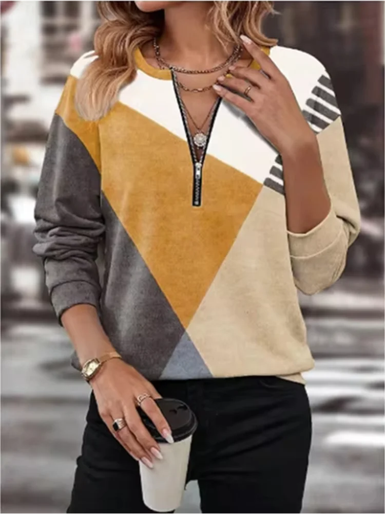 T-shirt à manches longues et col en V pour femme, imprimé à blocs de couleurs, fermeture éclair, élégant, style urbain, pour l'automne