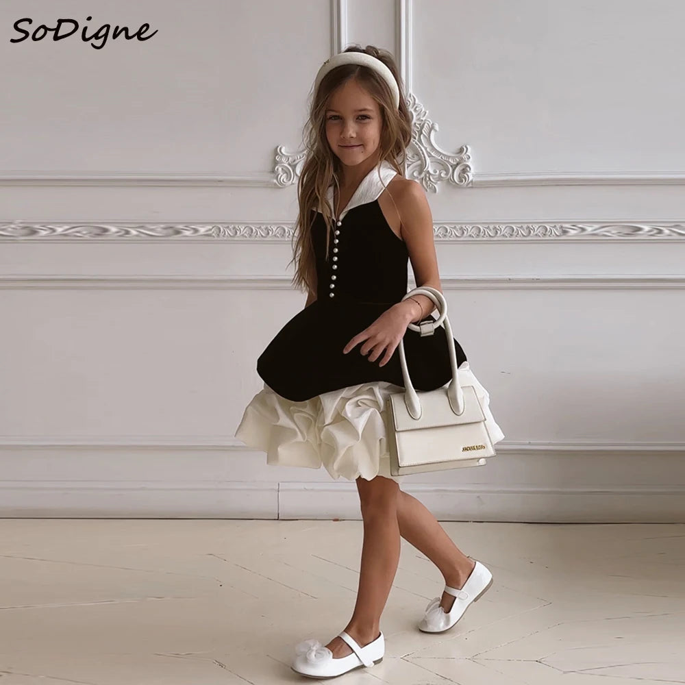 Robe de demoiselle d'honneur SoDigne en velours/satin, coupe trapèze, col en V, sans manches, jupe courte, robes de soirée pour filles, robe pour enfant personnalisée, 2025
